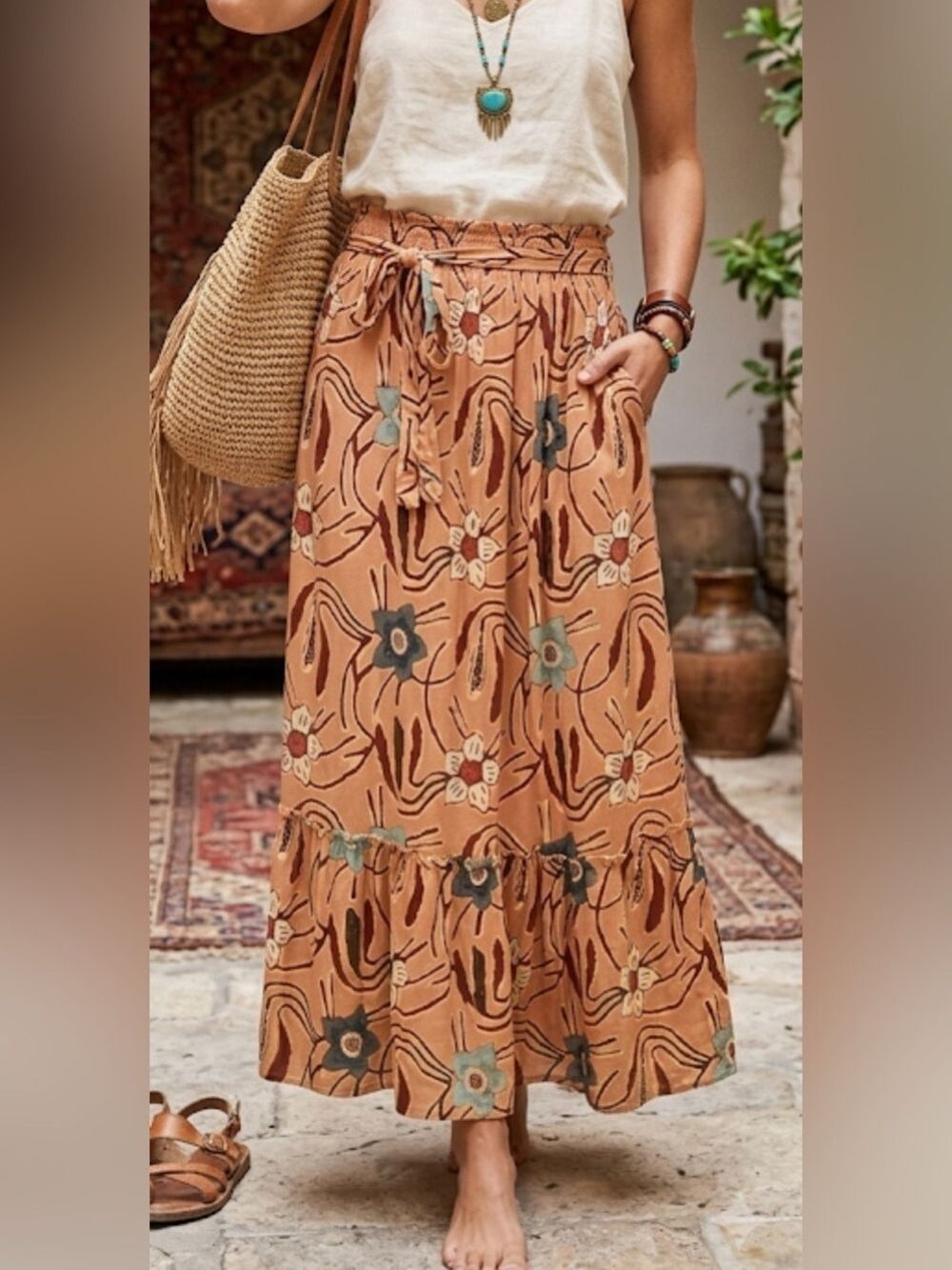 Christian Siriano Tan Pleated A-Line Midi Skirt Tie Belt Women’s Size Small boho